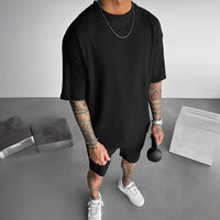 Oversized Quarter Sleeve O Neck T-Shirt & Short Set - Black