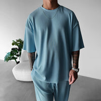 Oversized Quarter Sleeve O Neck T-Shirt & Trouser Set - Coronet Blue