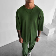 Oversized Quarter Sleeve O Neck T-Shirt & Trouser Set - Army Green