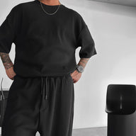 Oversized Quarter Sleeve O Neck T-Shirt & Trouser Set - Black