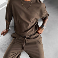 Oversized Quarter Sleeve O Neck T-Shirt & Trouser Set - Brown
