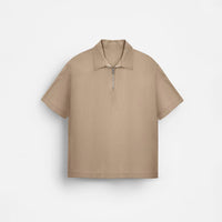 OVERSIZE TEXTURED ZIPPER POLO T-SHIRT - BEIGE