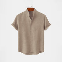 BAN COLLAR LINEN FULL PATTI SHIRT - BEIGE