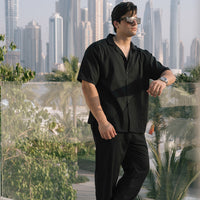 SIGNATURE LOOSE FIT RICH LINEN CORD SET - BLACK