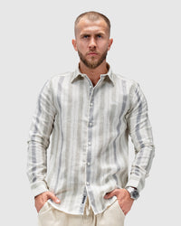 Men’s Beige & Grey Striped Linen Shirt