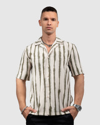 Men’s Cream Cuban Collar Shirt with Olive Green Vertical Stripes