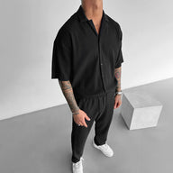 Oversize Pleated Open Collar Shirt & Pants Set - Black