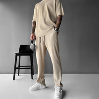 Oversized Quarter Sleeve O Neck T-Shirt & Trouser Set - Beige