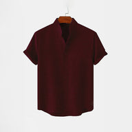 BAN COLLAR LINEN SHIRT - MAROON