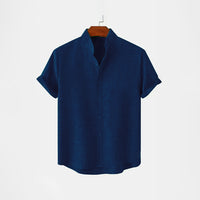BAN COLLAR LINEN SHIRT - NAVY BLUE