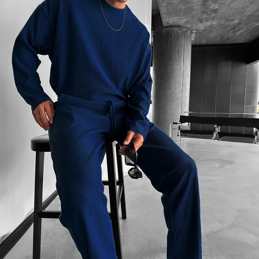 Oversized Full Sleeve O Neck T-Shirt & Trouser Set - Navy Blue