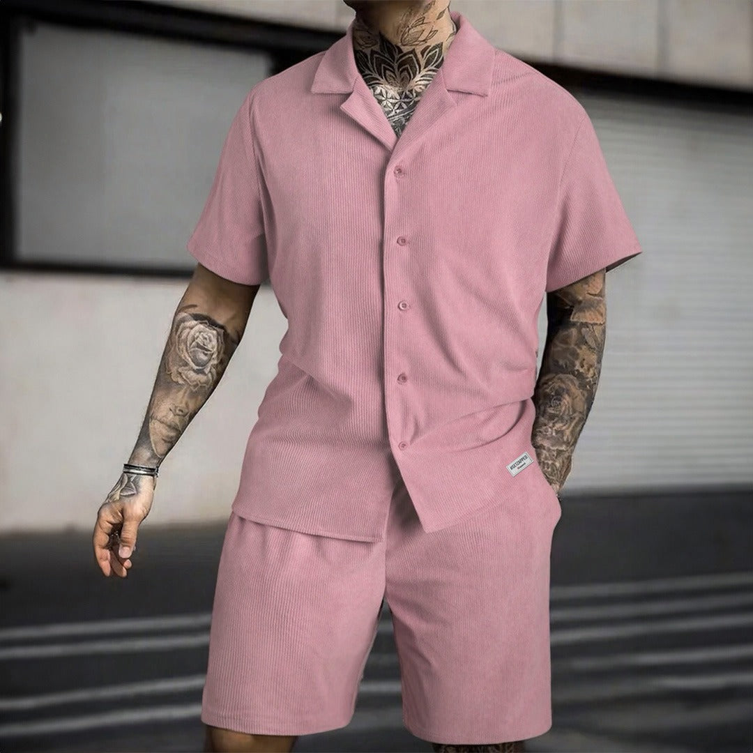 Zapped Oversize Pleated Open Collar Shirt & Short Set - Pink