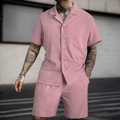 Oversize Pleated Open Collar Shirt & Short Set - Pink