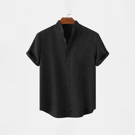 Ban Collar Linen Full Patti Shirt - Black