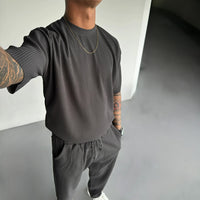 Oversized Quarter Sleeve O Neck T-Shirt & Trouser Set - Gray