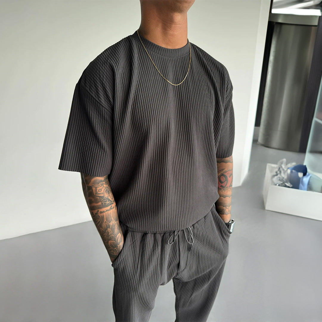 Oversized Quarter Sleeve O Neck T-Shirt & Trouser Set - Gray