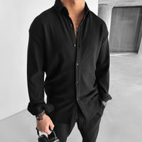 OVERSIZE RIBBED FULL SLEEVES SHIRT - BLACK