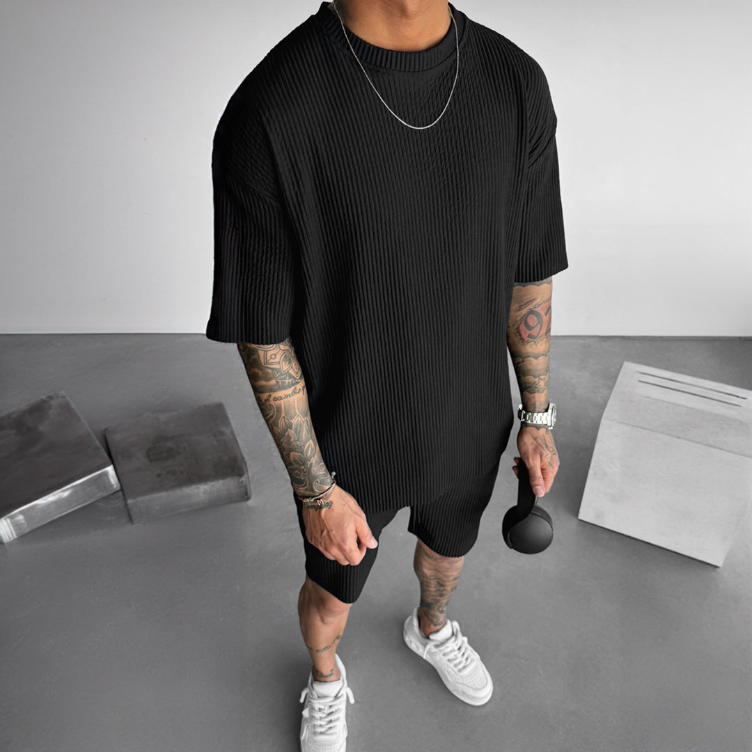 Oversized Quarter Sleeve  O Neck T-Shirt & Short Set - Black