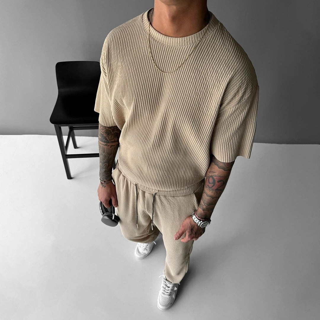 Oversized Quarter Sleeve  O Neck T-Shirt & Trouser Set - Beige