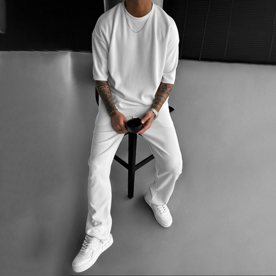 Oversized Quarter Sleeve  O Neck T-Shirt & Trouser Set - White