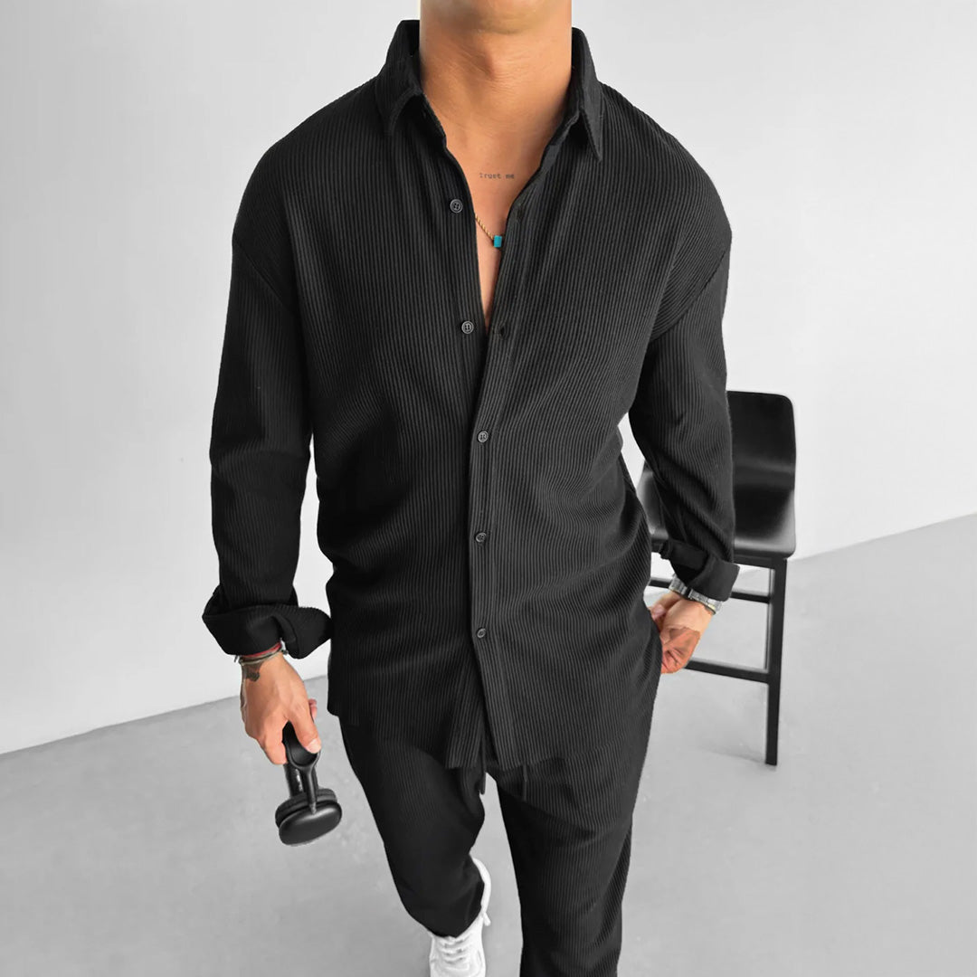 OVERSIZE RIBBED FULL SLEEVES SHIRT - BLACK