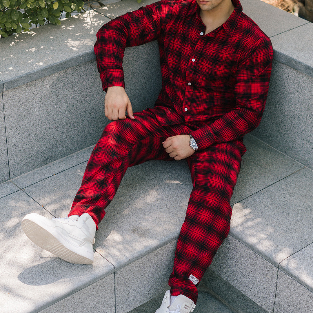 Loose Fit Plaid Long Sleeve Shirt & Trouser Set