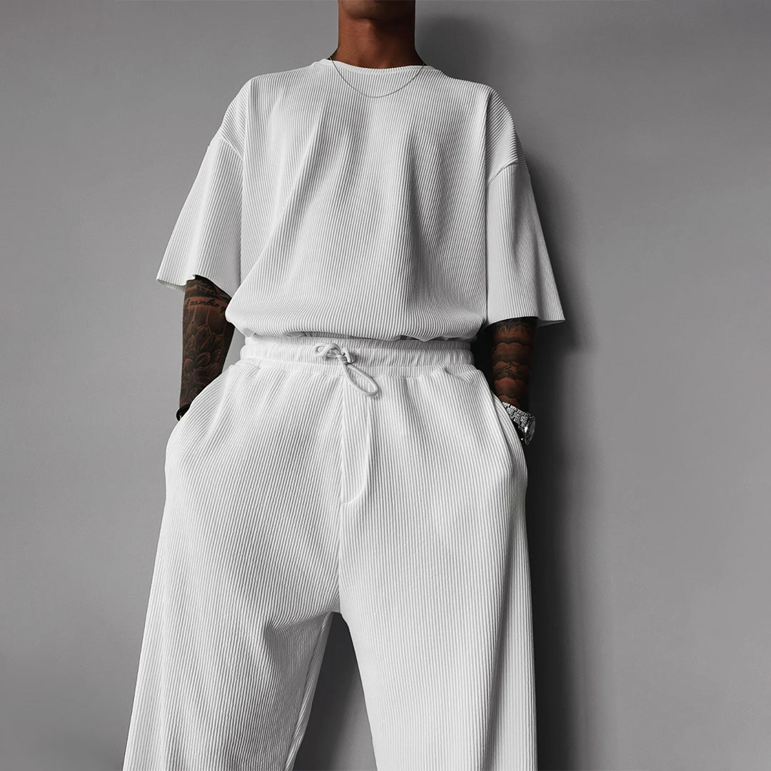 Oversized Quarter Sleeve  O Neck T-Shirt & Trouser Set - White