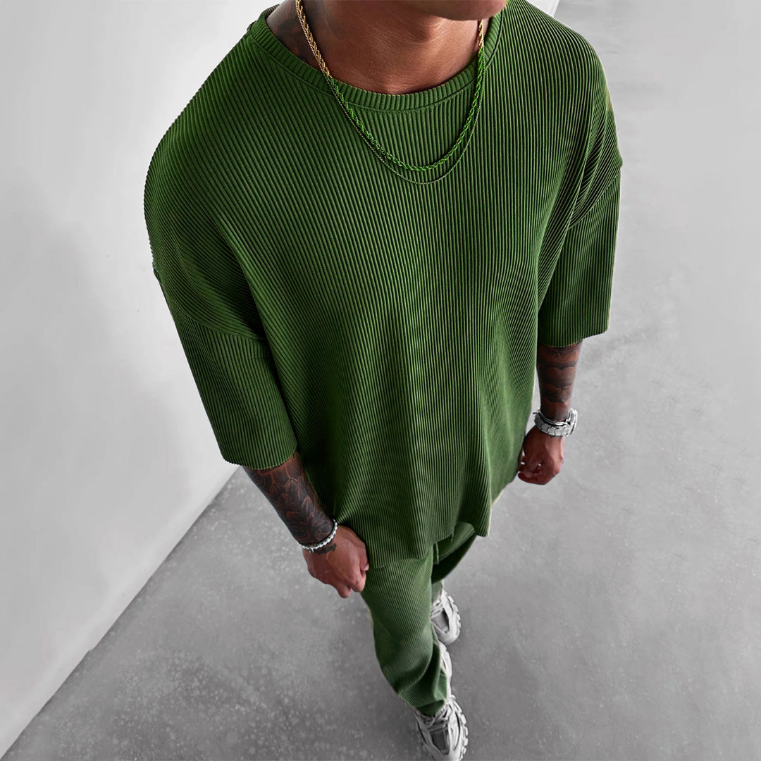 Oversized Quarter Sleeve  O Neck T-Shirt & Trouser Set - Army Green