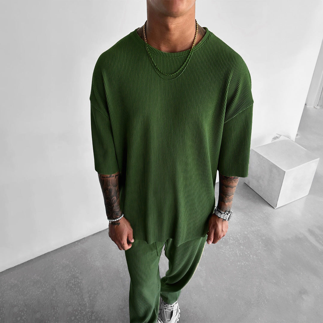 Oversized Quarter Sleeve  O Neck T-Shirt & Trouser Set - Army Green