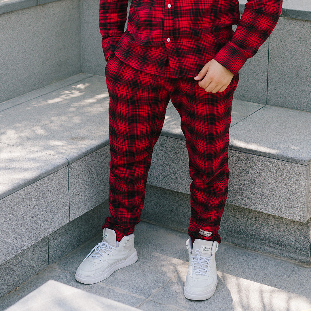 LOOSE FIT PLAID CORD PANTS - RED