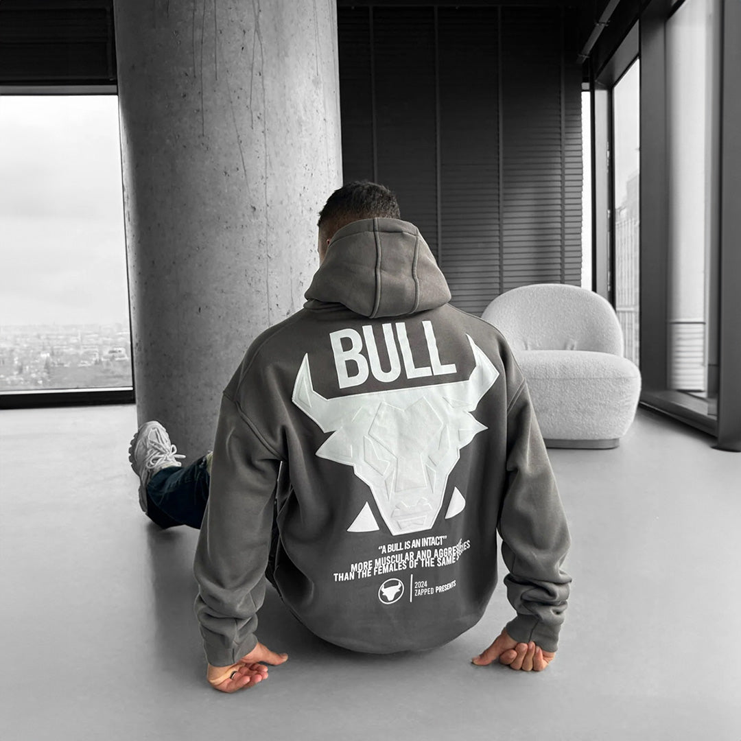 DROP SHOULDER PUFF PRINT BULL HOODIE - GRAY