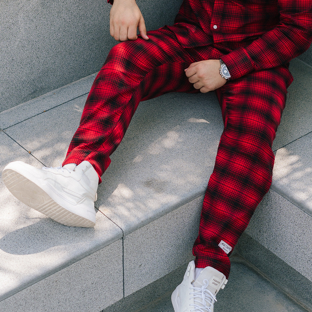 LOOSE FIT PLAID CORD PANTS - RED