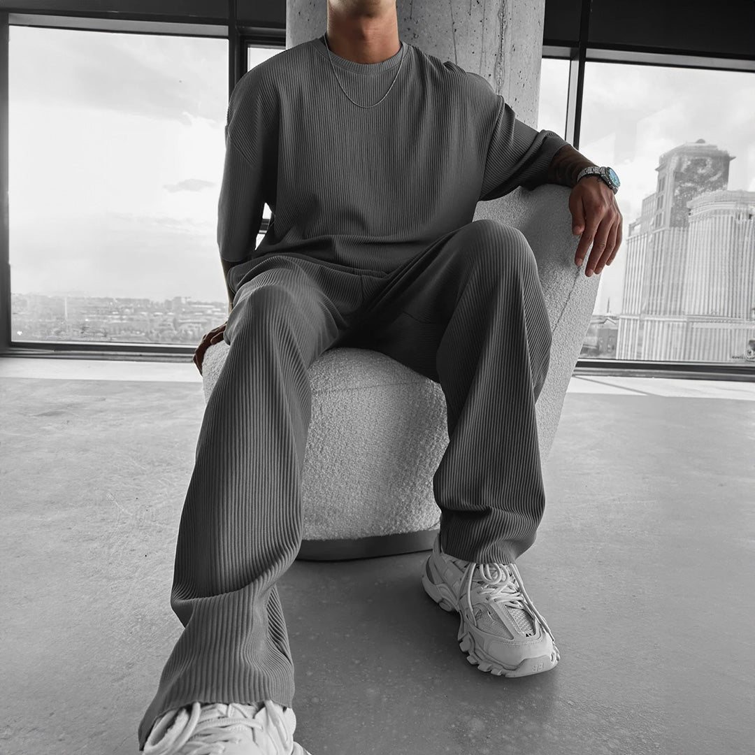 Oversized Quarter Sleeve O Neck T-Shirt & Trouser Set - Gray