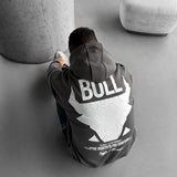 DROP SHOULDER PUFF PRINT BULL HOODIE - GRAY