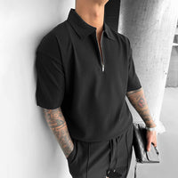 OVERSIZE TEXTURED ZIPPER POLO T-SHIRT - BLACK