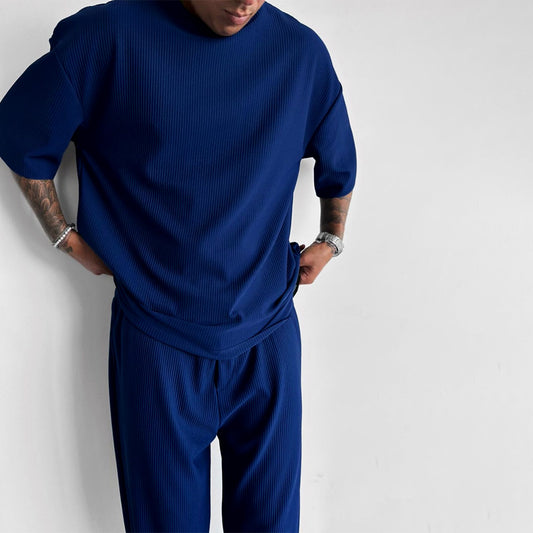 Oversized Quarter Sleeve  O Neck T-Shirt & Trouser Set - Blue