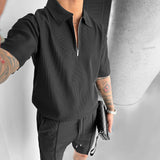 OVERSIZE TEXTURED ZIPPER POLO T-SHIRT - BLACK