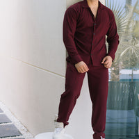 Oversize Open Collar Lining Shirt & Trouser Set - Maroon