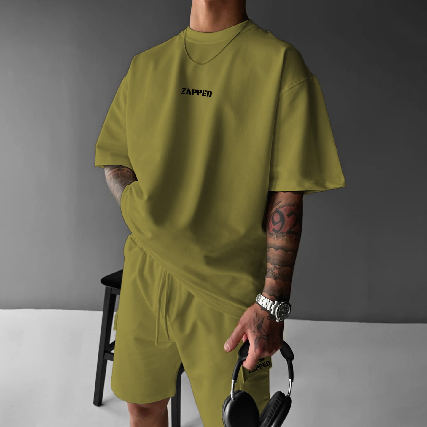 Zapped Oversize T-Shirt & Cargo Short Set - Olive