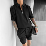 OVERSIZE TEXTURED ZIPPER POLO T-SHIRT - BLACK