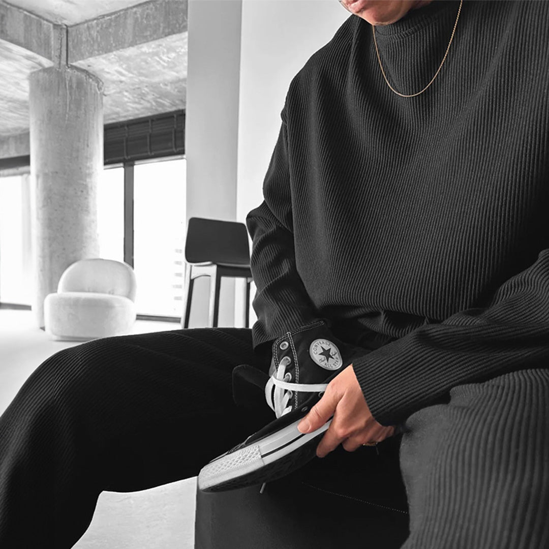 OVERSIZE RIBBED FULL SLEEVES T-SHIRT - BLACK