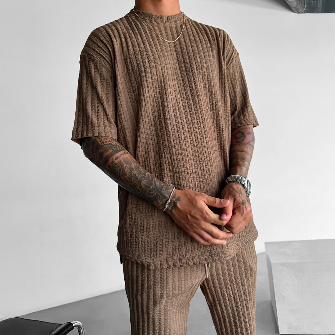 OVERSIZE STRUCTURED T-SHIRT & TROUSER SET - BROWN