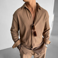 OVERSIZE RIBBED FULL SLEEVES SHIRT - BROWN