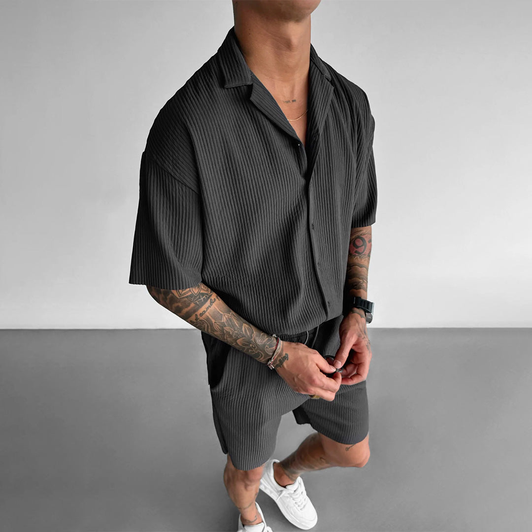 Oversize Pleated Open Collar Shirt & Short Set - Anthracite