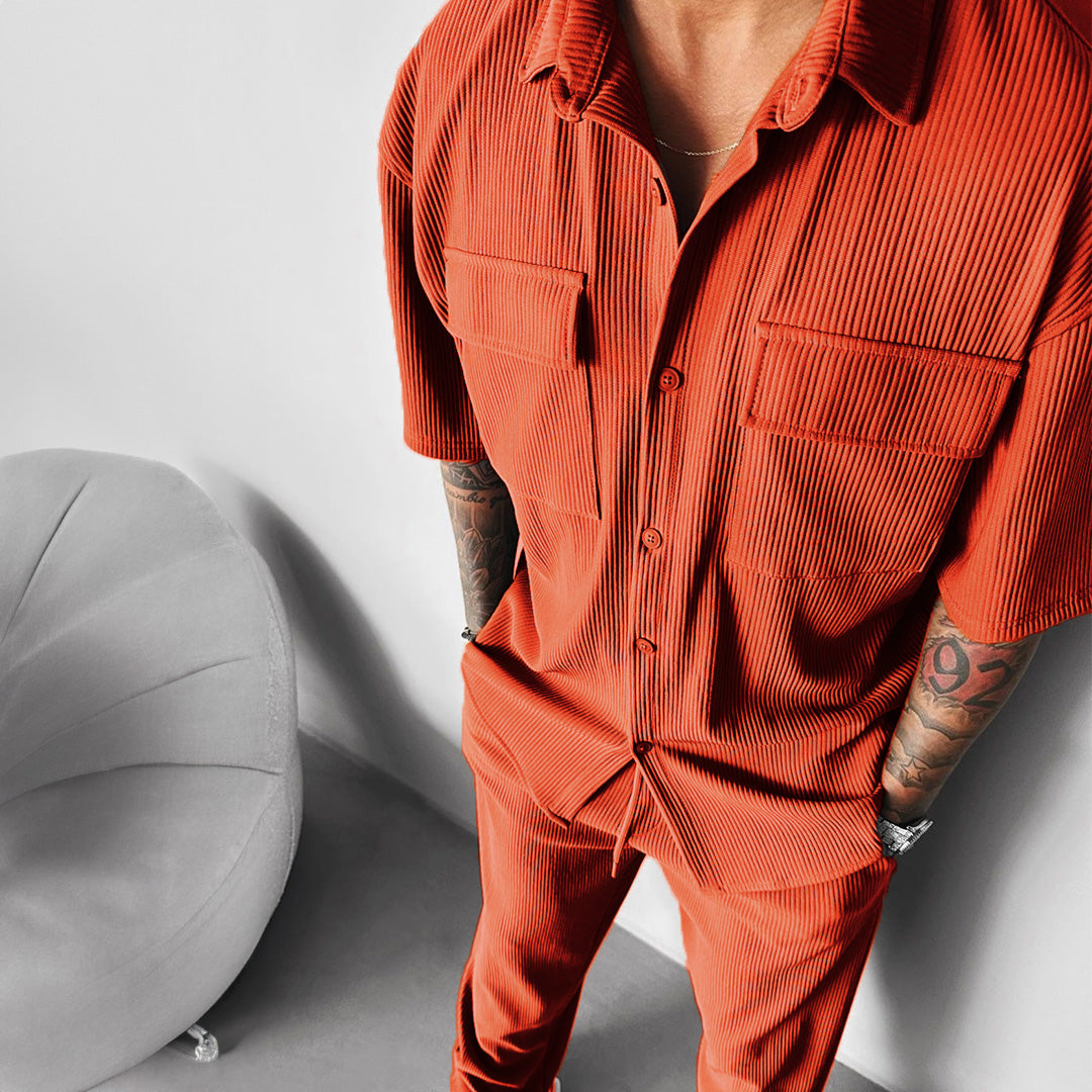 Double Pocket Half Sleeves Shirt & Trouser Set - Rust