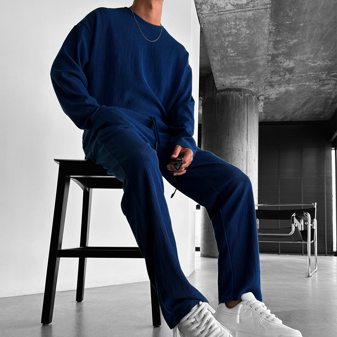 Oversized Full Sleeve O Neck T-Shirt & Trouser Set - Navy Blue