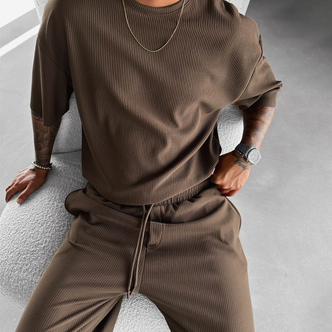 Oversized Quarter Sleeve  O Neck T-Shirt & Trouser Set - Brown