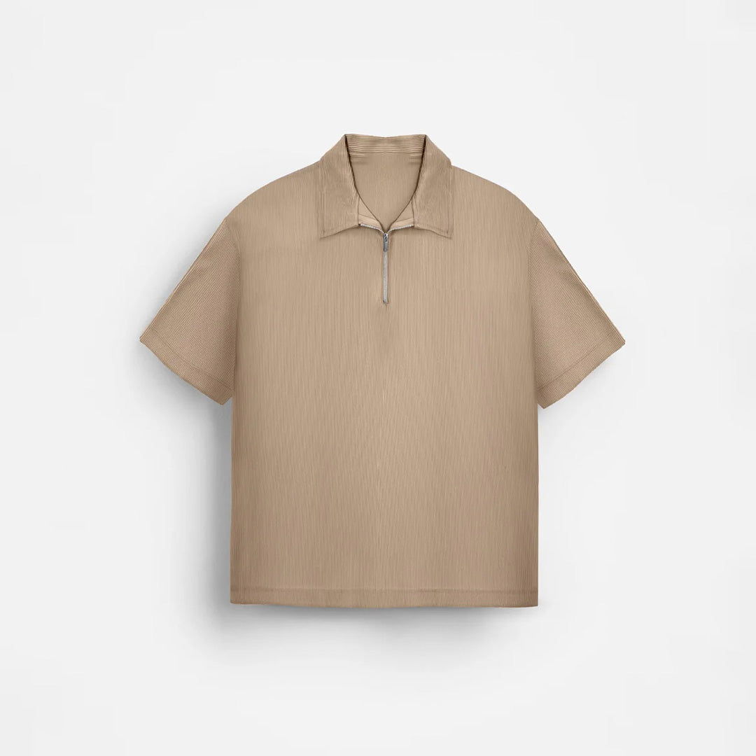 OVERSIZE TEXTURED ZIPPER POLO T-SHIRT - BEIGE