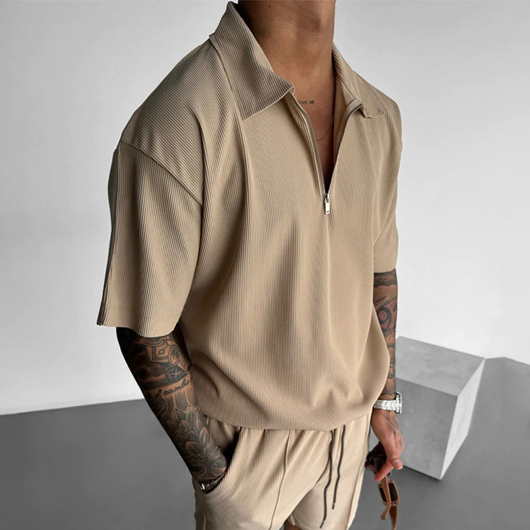 OVERSIZE TEXTURED ZIPPER POLO T-SHIRT - BEIGE