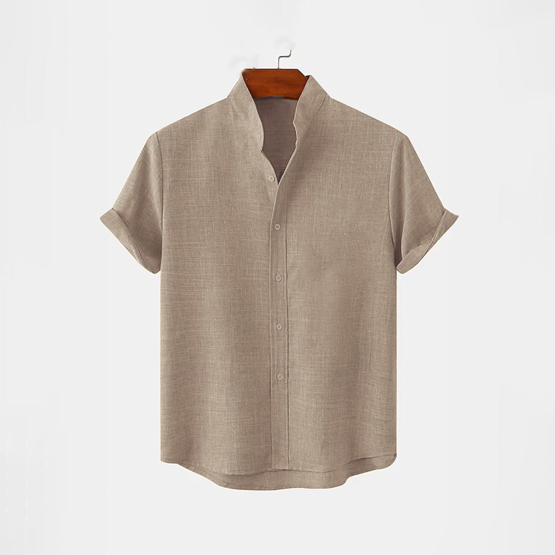 BAN COLLAR LINEN FULL PATTI SHIRT - BEIGE